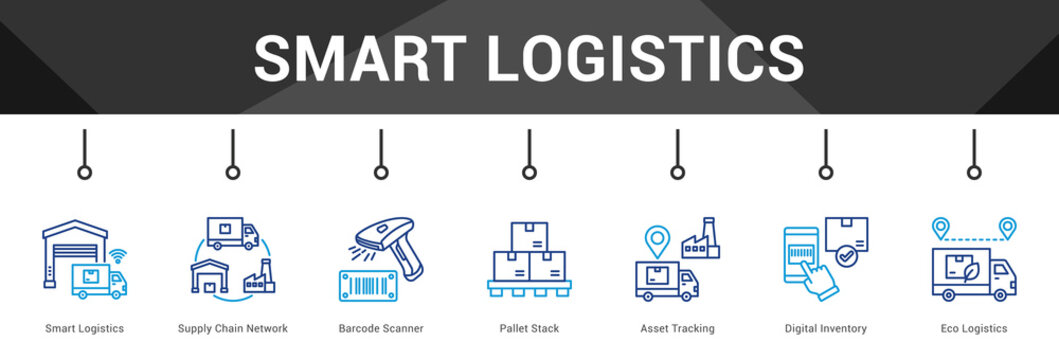 Smart Logistics  Modern and clean web banner illustration vector featuring thematic icons