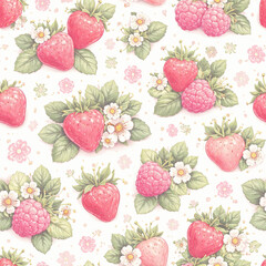 Fototapeta premium Cottage fruit garden seamless pattern with strawberries lemons cherries and floral botanical elements vintage style