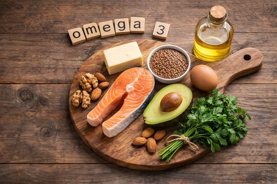 Foods rich in omega 3 fatty acids on a wooden board