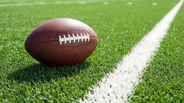 A football sitting on a green field with white lines