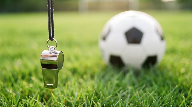A soccer ball and a whistle on a grassy field