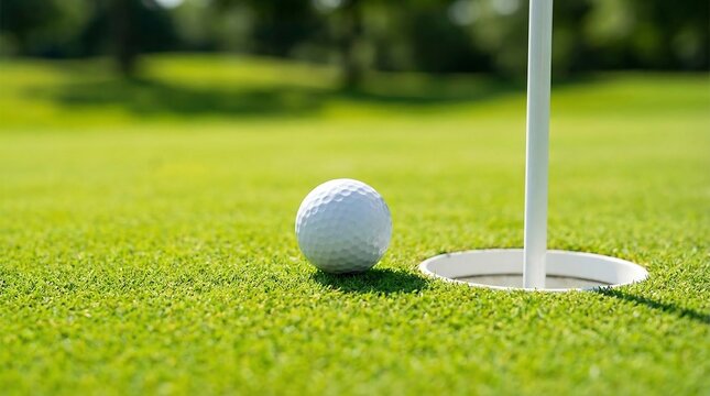Golf ball sitting next to a hole on a green course