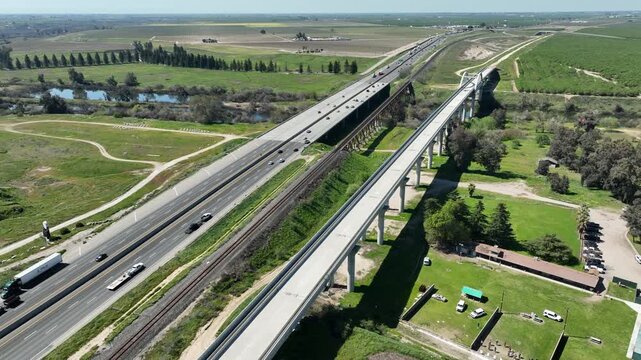 An incomplete section of the California High speed rail infrastructure project stands in Fresno, California, USA.
