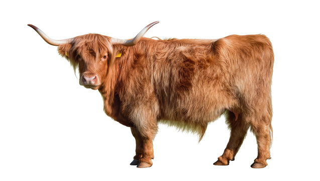 Majestic reddish-brown Highland bull with long shaggy hair and impressive horns, standing isolated on transparent background, a powerful farm animal PNG