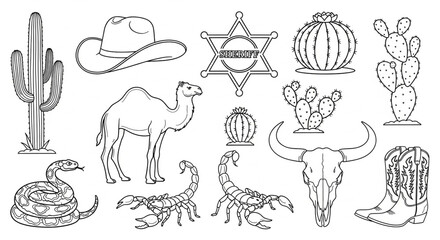 Obraz premium A black and white vector graphic illustration of various western themed icons and symbols.