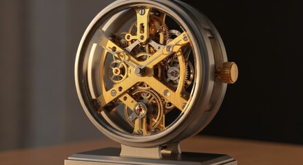 Fototapeta premium Intricate mechanical watch with open gears on wooden surface