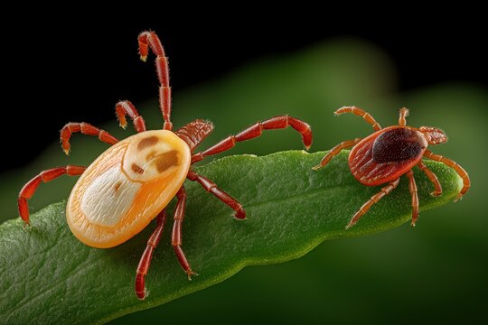 Two Ticks of Different Sizes on a Green Leaf