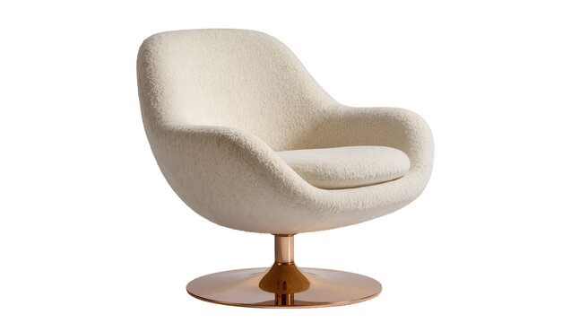 Elegant cream boucle armchair with a sleek metallic gold swivel base, a comfortable and stylish furniture piece isolated for interior design projects PNG