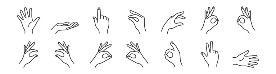 Obraz premium Set of hand gesture line icons isolated on transparent background