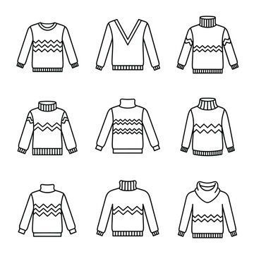 Collection of different style outline winter garment Several models of warm sweaters and pullovers with various necklines for cold weather Choice of comfortable casual upper clothing designs