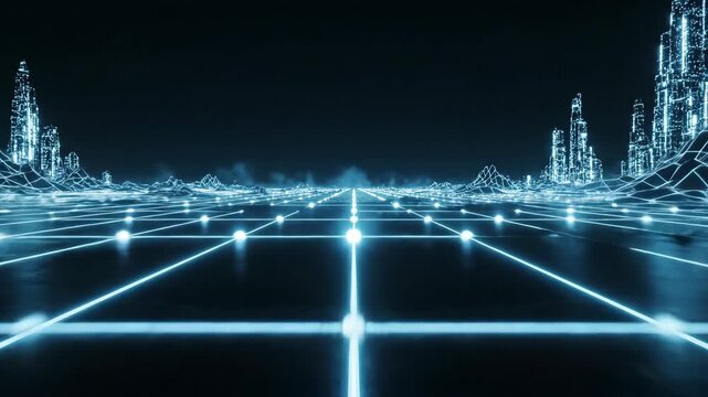 Digital futuristic cityscape illuminated with glowing grid lines, advanced structures against a cloudy sky