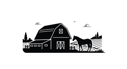 A minimalist black and white illustration depicts a classic barn scene with a horse grazing nearby set against mountains © Tushar02