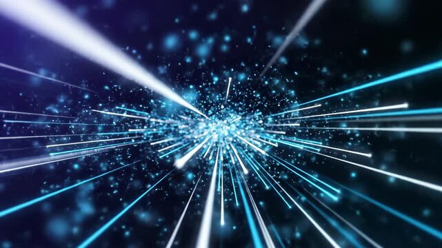 Dynamic visual of bright blue light streaks emanating from a central point against a dark background