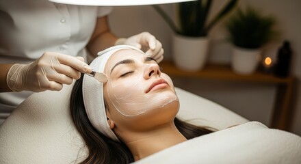 Naklejka premium Woman receiving facial treatment in spa wellness center