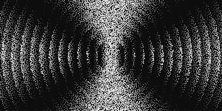 Noisy stippled grainy texture gradient background with concentric circle wave pattern. Abstract stipple dot sound wave banner. Minimalist ripples motion background. Retro dither noise circular ripple