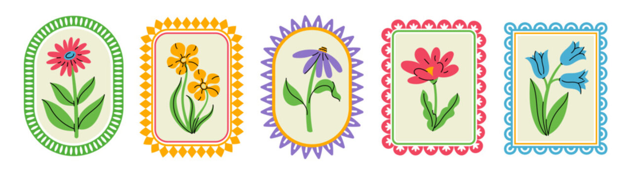 Decorative hand drawn floral frames with colorful borders and simple flowers. Playful ornamental compositions combining naive shapes, symmetry and bright details for a warm handcrafted look