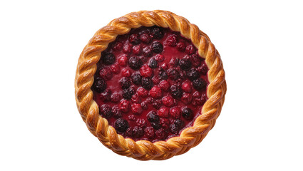 Delicious homemade berry pie with a golden braided crust, filled with vibrant red and dark berries, isolated PNG on transparent background, perfect for dessert menus © PAPADOMUS