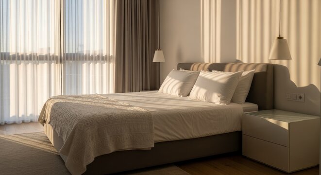 Modern sunlit bedroom with cozy double bed and soft lighting