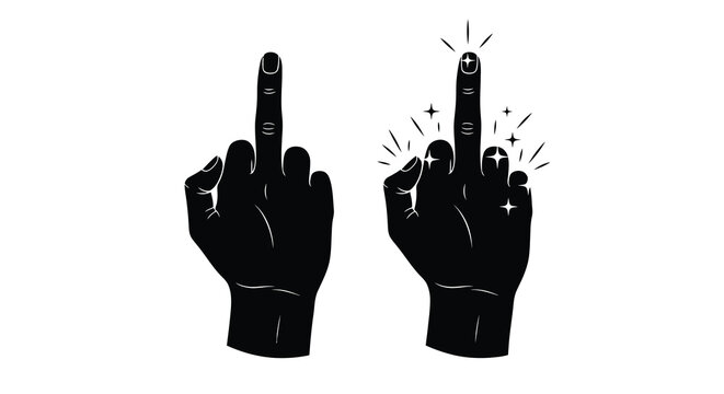 Two silhouetted hands displaying the middle finger one with sparkling star effects against a white background high quality professional