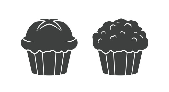 A simple black and white illustration depicts two distinct muffins one with a crosshatch pattern and the other covered in blueberries
