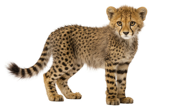 Adorable young cheetah cub, spotted fur and distinctive tear marks, standing and looking directly at camera, isolated PNG for wildlife and animal themes