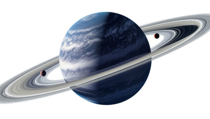 Majestic blue and grey ringed gas giant planet with two small moons, isolated on transparent background, a cosmic celestial body PNG © PAPADOMUS
