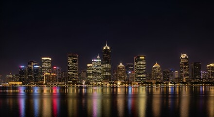 Obraz premium Modern city skyline reflecting on calm river at night