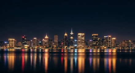 Obraz premium Modern city skyline at night reflecting on tranquil water