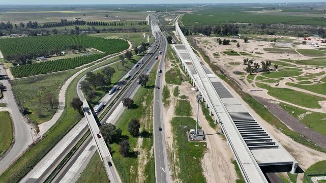 An incomplete section of the California High speed rail infrastructure project stands in Fresno, California, USA.