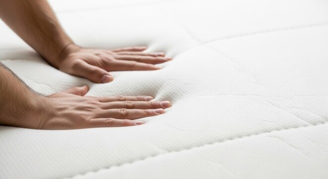 Hands pressing down on high quality white memory foam mattress. Concept of comfort, orthopedic sleep, furniture material testing and orthopedic support for bedding industry.