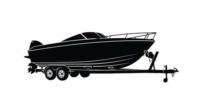 A stark black silhouette depicts a speedboat resting on a trailer ready for transport or storage high quality professional