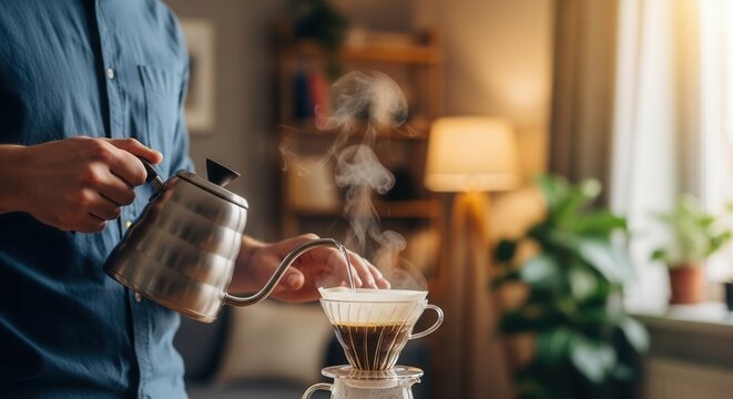 Man pouring hot water from steel kettle into glass dripper making pour over coffee at home. Barista brewing fresh morning filter coffee in cozy interior with steam and natural light.
