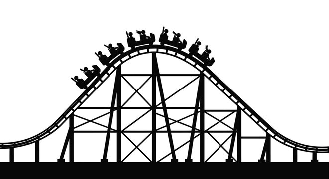 A stark black silhouette depicts a thrilling rollercoaster ascent and descent capturing the excitement of the ride high quality