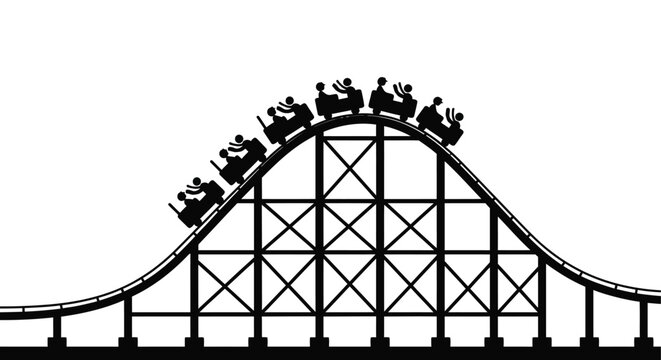 A black silhouette depicts a thrilling roller coaster ride ascending a steep hill showcasing motion and excitement high quality