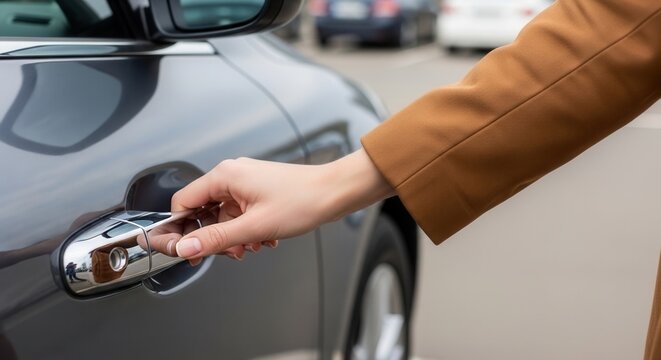 Close up of hand opening silver car door in daylight, woman in brown coat touching chrome vehicle handle, elegant lifestyle and automotive concept, female driver entering luxury automobile.