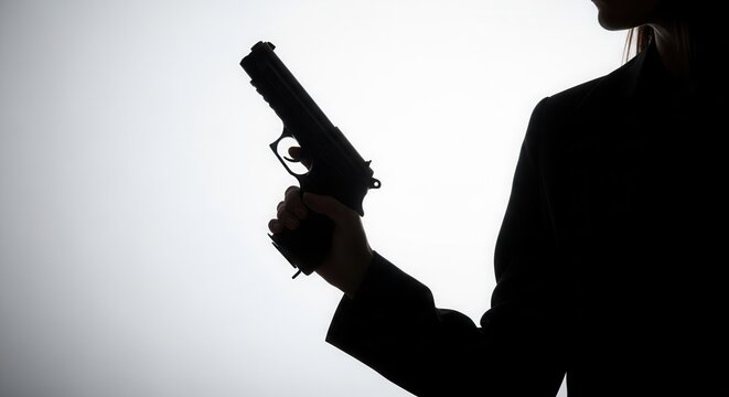 Silhouette of woman holding pistol up against white background, female secret agent or security officer with handgun, criminal or protector in shadow, powerful woman with weapon concept.