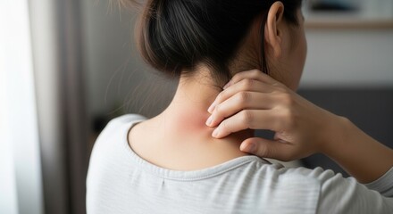 Fototapeta premium Woman scratching her itchy neck with redness and skin irritation. Concept of allergy, dermatology, eczema, and healthcare. Close up of female back with allergic reaction or insect bite.