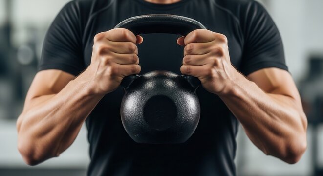 Athlete holding heavy kettlebell in front of chest for squat exercise in gym. Professional strength training, fitness motivation, bodybuilding, and functional workout for muscle endurance.
