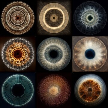 Nine abstract, circular, detailed eye-like structures against dark backgrounds