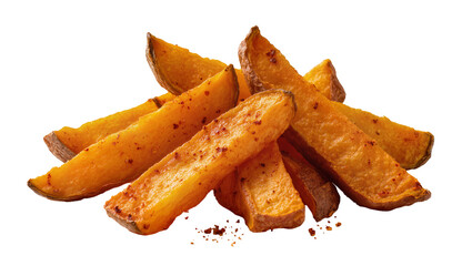 Delicious golden crispy seasoned potato wedges, perfectly cooked and isolated PNG on transparent...
