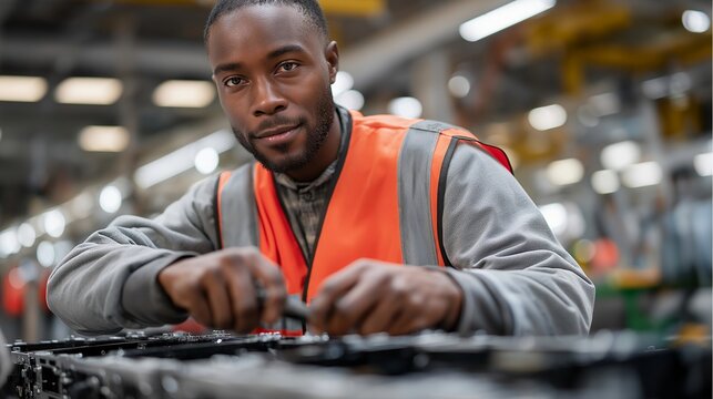 Polymer electrolyte membrane being installed in hydrogen vehicle fuel cell stack, technician with precision tools, gasket sealing surfaces, automotive manufacturing facility, ideal for