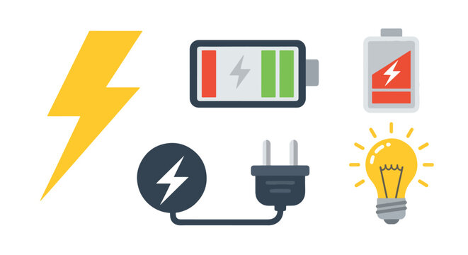 Depicting Energy Solutions a Flat Design Presentation Lightning Bolts Battery Indicators Plugs and Illuminated Lightbulb for Energy Conservation and Power Generation Concepts Design 182