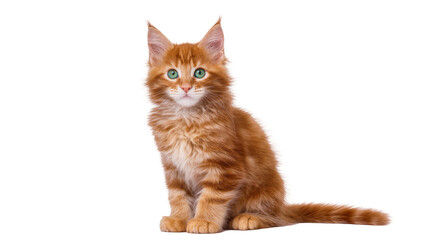 Cute fluffy ginger Maine Coon kitten with bright green eyes, sitting calmly, isolated on a...