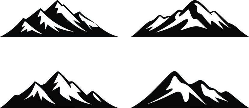 Four distinct black mountain range silhouettes with white snow caps on a clean white background