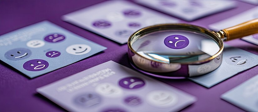 Customer feedback concept magnifying glass over cards with emoji faces