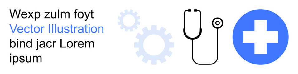 Obraz premium Healthcare, technology integration, medical diagnostics, industry development, wellness services, hospital branding. Stethoscope, gears and cross symbol. Healthcare and technology integration