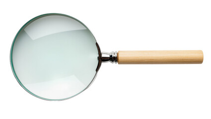 Classic magnifying glass with a clear lens and natural wooden handle, isolated PNG for detailed inspection and research concepts © PAPADOMUS