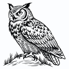 Black and white line art illustration of a great horned owl perched on a branch