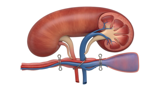 A kidney with its ureter and blood vessels