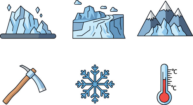 Arctic and ice icons set. Flat cartoon glaciers, mountains, snowflake, thermometer and ice tools. Cold winter environment collection in clean vector style.